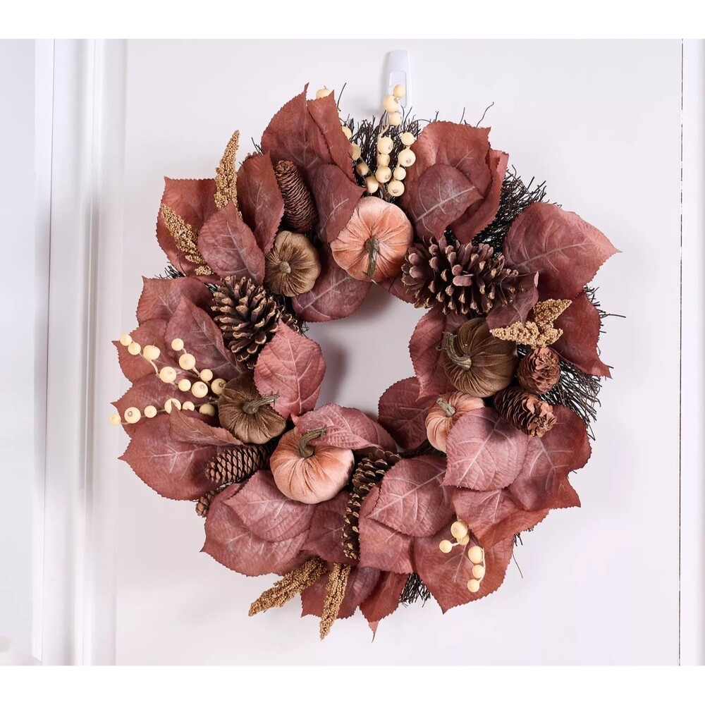 Home Reflections 24" Autumn Pumpkin & Leaf Wreath - Blush & Brown